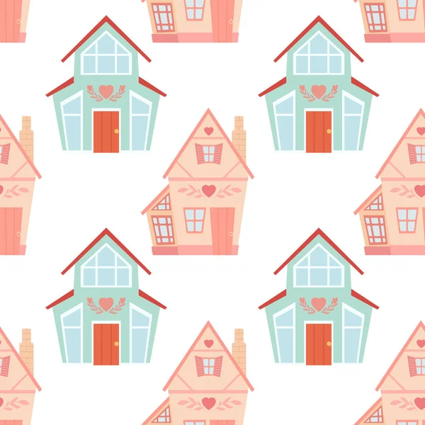 Vector Seamless Pattern Cute Country Houses White Background Texture Dollhouse — Stock Vector