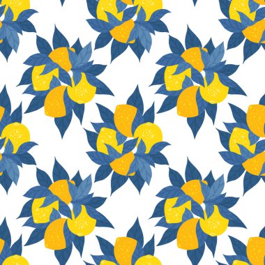 Yapraklı yassı narenciye meyveli modern doku. Beyaz arka planda mavi yapraklı bir grup limonla vektörsüz desen. Kumaş ve duvar kağıdı için arkaplan