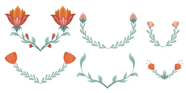 Ensemble Vectoriel Cadres Floraux Art Populaire Collection Couronnes Fleurs Tiges — Image vectorielle