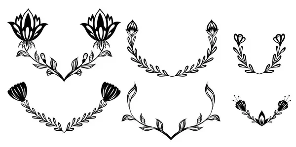 Ensemble Vectoriel Monochrome Cadres Floraux Art Populaire Collection Silhouettes Noires — Image vectorielle