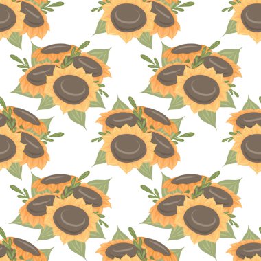 Beyaz arka planda bir buket ayçiçeği desenli kusursuz vektör kırsal deseni. Kumaşlar, masa örtüleri ve ambalaj kağıtları için kırsal çiçek dokusu.