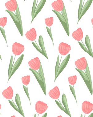 Beyaz arka planda pembe laleli hassas vektör deseni. Kumaşlar ve ambalaj kağıtları için pastel renklerde kadınsı bahar çiçeği dokusu.