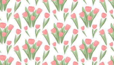 Beyaz arka planda pembe laleli hassas vektör deseni. Kumaşlar ve ambalaj kağıtları için pastel renklerde kadınsı bahar çiçeği dokusu.