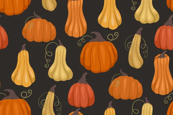 濃い灰色の背景にオレンジと黄色のカボチャが付いているベクトル継ぎ目が無いパターン 野菜を使ったシンプルなテクスチャ 包むペーパーおよび壁紙のための居心地の良い秋の背景 — ストックベクタ