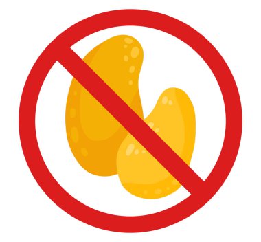 Mangolu vektör yasağı işareti. Tropikal meyveleri koparma. Alerji tehlikesi. Ürün mango içermiyor. Çıkartmalar, tarifler ve tasarımınız için yasak tabela