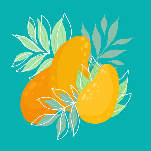 Vektor Tropisk Mango Illustration Med Lövverk Turkos Bakgrund Platt Handritad — Stock vektor