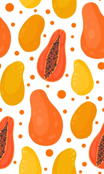 Seamless Vector Tropical Pattern Mango Papaya Fruit Texture White Background — Stock Vector