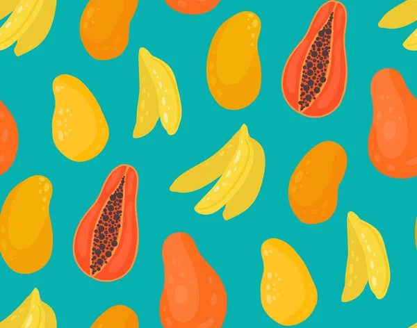Jednoduchý Vektorový Vzor Tropickým Ovocem Textura Mangem Papájou Banány Tyrkysovém — Stockový vektor
