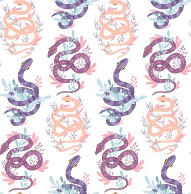 Beyaz arka planda menekşe yılanlı ve saplı kusursuz vektör deseni. Kağıt, kumaş ve duvar kağıtları için pastel renklerde kıvrımlı yılanlar ve bitkiler içeren hayvani doku.