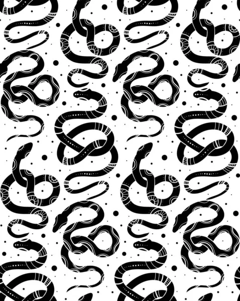 黒い天体の蛇のシルエットとドットの白い背景に神秘的な装飾と星を備えたベクトルシームレスパターン 布のための蛇と神聖な装飾が付いている魔法の質 — ストックベクタ