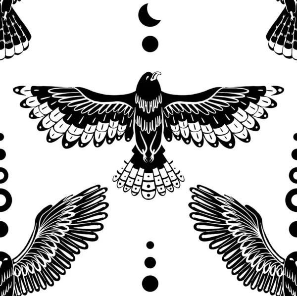 Διακοσμητικό Μονόχρωμο Μοτίβο Χωρίς Ραφή Ιπτάμενα Πουλιά Και Φεγγάρι Διάνυσμα — Διανυσματικό Αρχείο