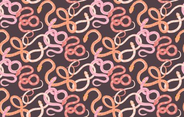 Pembe ve sarı yılanlı yumuşak, pürüzsüz bir desen. Gri arkaplanda pastel renkli çizgi film yılanları olan vektör dokusu. Kumaşlar ve ambalaj kağıtları için pitonları olan yüzey tasarımı