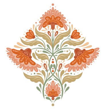 Çiçek düzenlemesinin vektör dekoratif çizimi. Halk sanatı klipsi sanatı simetrik turuncu çiçeklerle ve arka plandan izole edilmiş yapraklarla süblimleşme, çıkartma ve yaratıcılığınız için..