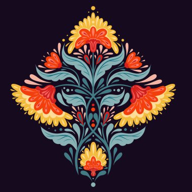 Koyu mavi arka planda simetrik kırmızı çiçekleri, sapları ve yaprakları olan vektör halk sanatları kartı. Davetiye ve kartpostallar için çiçek aranjmanının dekoratif Slav çizimi.