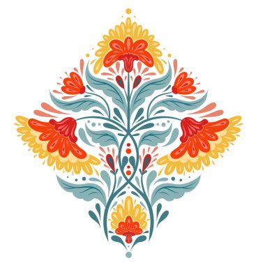 Folk sanatı simetrik kırmızı çiçeklerin bir parçası ve arka plandan izole edilmiş yapraklı kökler. Davetiye ve kartpostal için çiçek kompozisyonunun dekoratif çizimi.