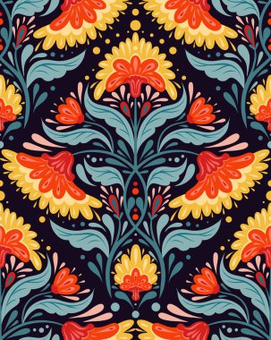 Çiçek aranjmanlı vektör kontrastlı kusursuz desen. Geleneksel simetrik kırmızı çiçeklerle halk sanatı dokusu ve ambalaj kağıdı için mavi arkaplanda yapraklar..