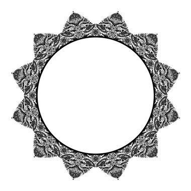 Çiçek süsü ve fotokopi alanı olan siyah bir çerçeve. Çiçekli, saplı, yapraklı ve arka plandan izole edilmiş metinler için tek renkli halk sanatı çelengi. Davet için dekoratif kenarlık