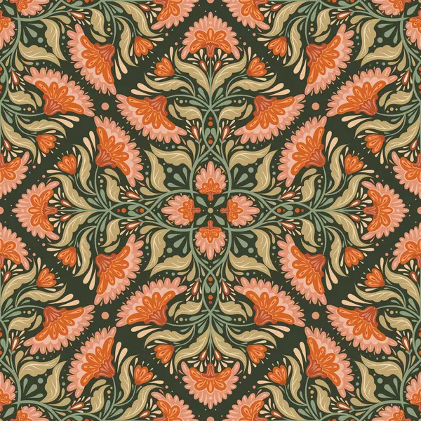 Vector Decorative Seamless Pattern Kaleidoscope Flower Arrangement Pastel Colors Folk — Stock Vector