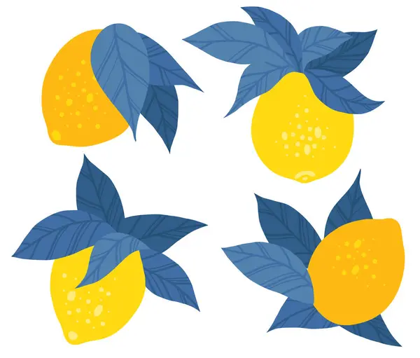 Vector Set Flat Hand Drawn Yellow Lemons Blue Foliage Isolated — Stock Vector
