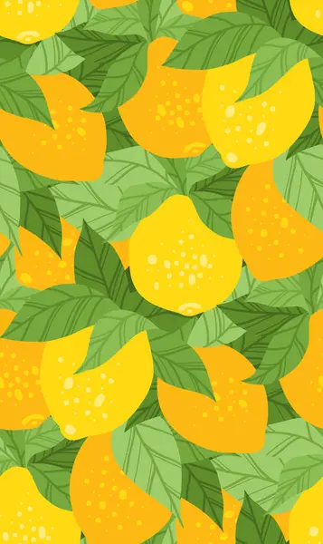 Vector Seamless Dense Texture Yellow Lemons Foliages Flat Hand Drawn — Stock Vector