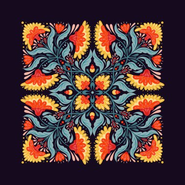 Kare çiçekli süslemeli vektör çizimi. Geometrik kırmızı çiçekli halk sanatı izleme kartı, mendil ve şal için kontrastlı renklerde yaprak sapları