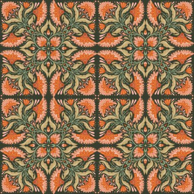 Fayanslarda çiçek aranjmanlı vektör süslemesiz desen. Halk sanatının çiçek desenli ve yaprak desenli mendil, sargı ve şal için pastel renkli.