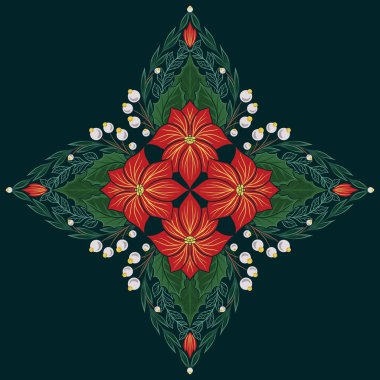 Noktalı çiçek kaleydoskoplu vektör dekoratif tatil kartı. Yeşillik, böğürtlen ve dallarla süslenmiş Noel yıldızı davetiye, pankart ve kartpostal için eşkenar dörtgen kompozisyon