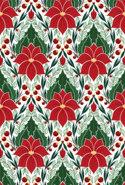 Noktalı çiçekli vektör dekoratif xmas deseni. Tatil tekstili. Duvar kâğıdı için yaprakları, böğürtlenleri ve dalları olan, Noel çiçeği yıldızlarıyla kusursuz bir kumaş..