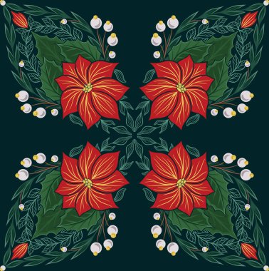 Koyu yeşil arka planda çiçek desenli, kaleydoskop desenli vektör Noel süslemesi. Tatil duvar kâğıdı, ambalaj kağıdı, tekstil için kusursuz şenlik kumaşı nükteli çiçek süsü.
