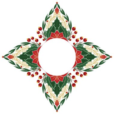Noktalı ve kopyalama alanlı vektör dekoratif çember çerçeve. Yapraklı, böğürtlenli ve arka plandan izole edilmiş yılbaşı çiçekleriyle renkli bir iz sürme şablonu