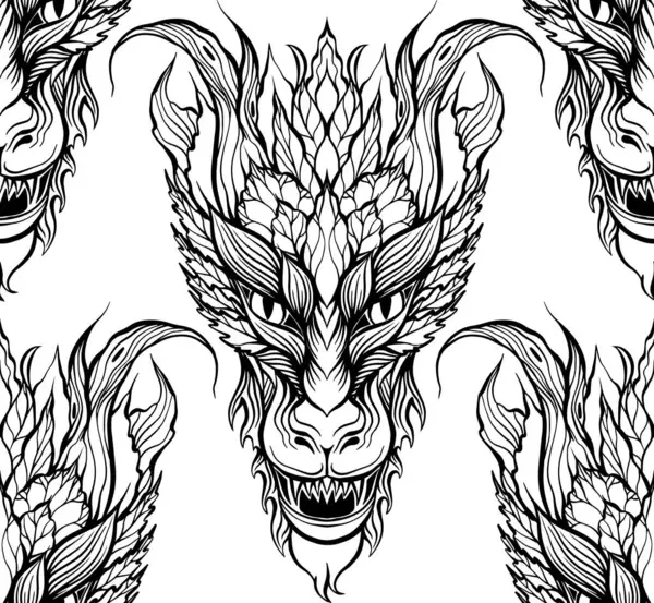 Motif Vectoriel Sans Couture Avec Des Dragons Rugissants Contour Tracé — Image vectorielle