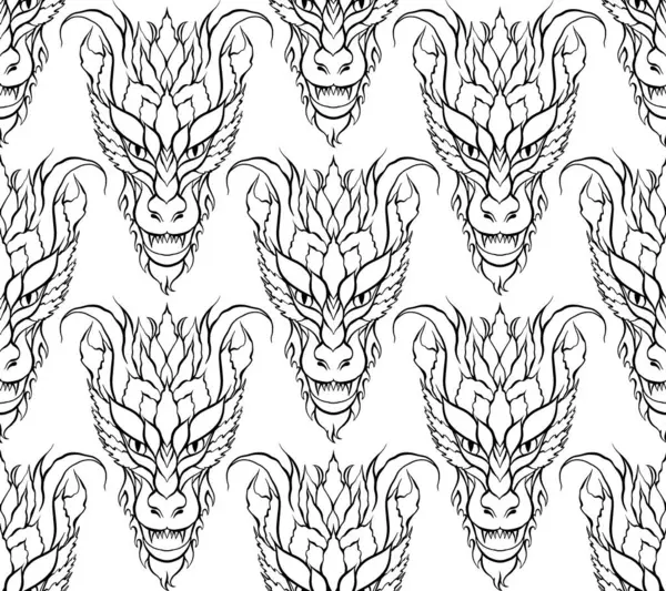 Vector Seamless Pattern Contour Roaring Dragons White Background Fantasy Texture — Stock Vector