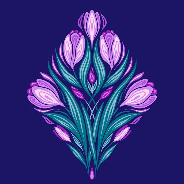 Vektorillustration Krokusar Och Lövverk Dekorativa Kort Vårblommor Violett Bakgrund Blommig — Stock vektor