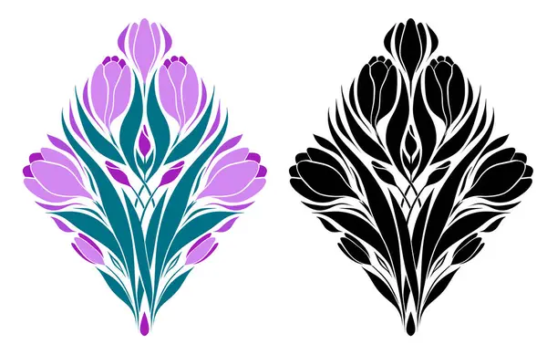 ワクチンのベクトル幾何学的イラストのセット カラフルで黒いシルエットの春の花のアールヌーボーの装飾的なクリップのコレクション ステッカー イラストのための花の対称的な花束 — ストックベクタ