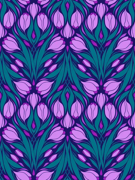 幾何学的なワニが付いているベクトル継ぎ目が無いパターン 紫色の背景に春の花のシルエットを施した表面デザイン 包むペーパーのためのタイルの花の花束が付いている芸術のテクスチャ — ストックベクタ