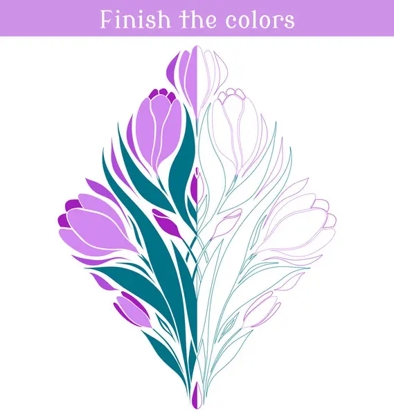 Finish Color Flower Picture Educational Game Children Violet Crocus Flowers — Stock Vector