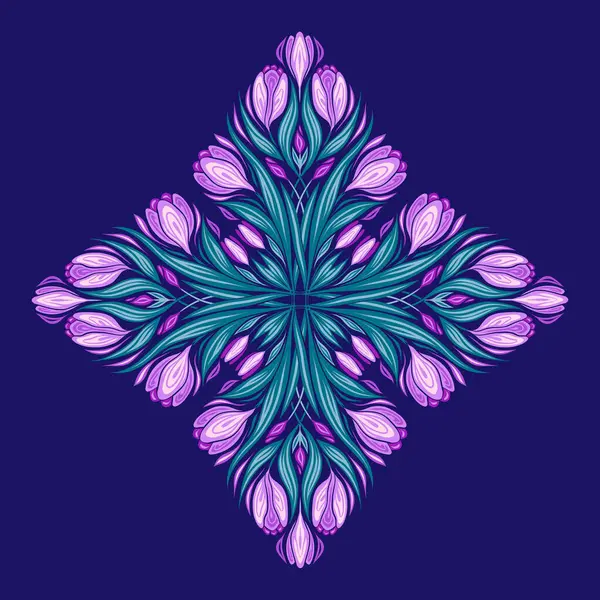 Vektorillustration Von Kaleidoskop Krokussen Und Blättern Dekorative Jugendstilkarte Mit Frühlingsblumen — Stockvektor