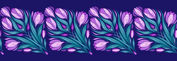 幾何学的なワニとのベクトル継ぎ目が無い境界 バイオレットの背景に装飾的な春の花が付いている横のフリーズ フレームのためのタイルの花束が付いているトレーサリー ディバイダー — ストックベクタ