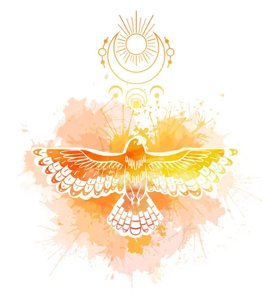 Vektorová Mystická Ilustrace Ptáka Žlutými Akvarelovými Skvrnami Měsíčními Symboly Bílém Vektorová Grafika