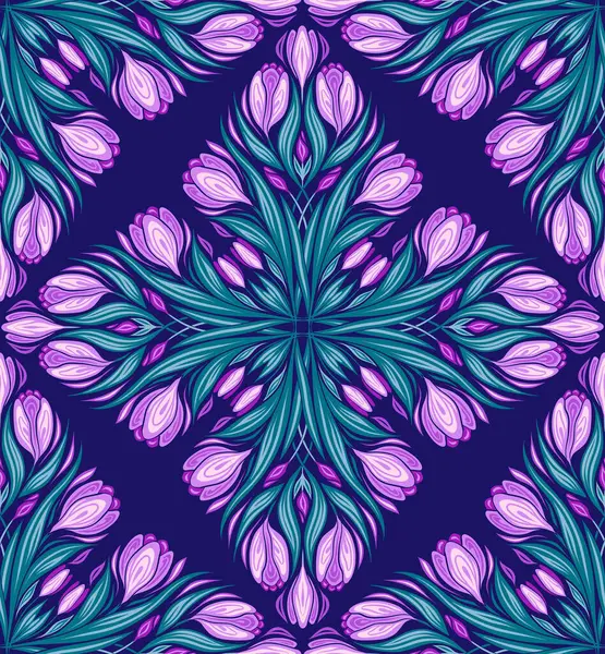 Векторный Бесшовный Калейдоскоп Крокусами Дизайн Поверхности Декоративными Весенними Цветами Фиолетовом Лицензионные Стоковые Иллюстрации