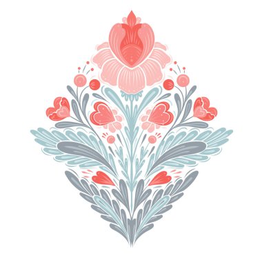 Sevgililer Günü için vektör nazik çiçek çizimi. Dekoratif halk sanatı klip sanatı simetrik pembe çiçekler, kalpler ve pastel renkli yapraklar ile sanat ve yaratıcılığınız.