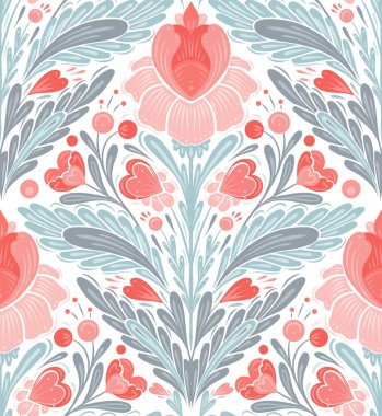 Sevgililer Günü için çiçek desenli taşıyıcı şenlik. Dekoratif halk sanatı dokusu simetrik pembe çiçekler, kalpler ve yapraklı kökler duvar kağıdı ve ambalaj kağıdı için pastel renkler.