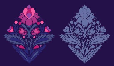 Çiçek tırnak vektör seti. Dekoratif halk sanatı illüstrasyonları simetrik çiçekler, siluet ve süsleme için süslü varyasyonlar, kartlar