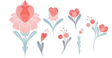Vektör şenlik çiçekleri çizimi. Dekoratif geometrik halk sanatı koleksiyonu. Pembe çiçekler, kalpler ve kökler. Yapıştırma ve yaratıcılığınız için arka plandan izole edilmiş yapraklar.