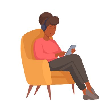 Elinde cep telefonu olan bir sandalyede oturan Afro-Amerikalı bir kadının düz bir temsili. Serbest iş yazışmaları. Evde dinlenin. Çevrimiçi iletişim. Afrikalı bir kadının tırmanışı