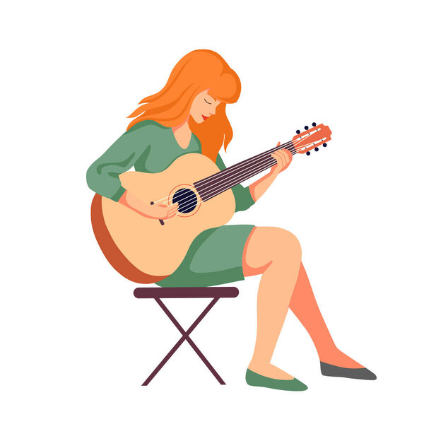 Vector flat clipart of a cute woman playing the guitar isolated from background. Modern creative influencer. Hobbies and pleasant pastime. Work as a musician.