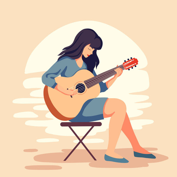 Vector flat illustration of a cute woman playing the guitar at sunset in warm colors. Hobbies and pleasant pastime. Work as a musician.