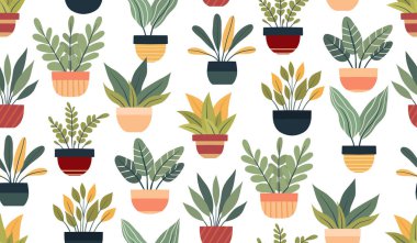 Beyaz arka planda çeşitli saksılarda bulunan ev bitkilerinin vektör deseni. Duvar kağıdı ve duvar kağıdı için bitkilerin düz resimli dokusu. Hobi serası