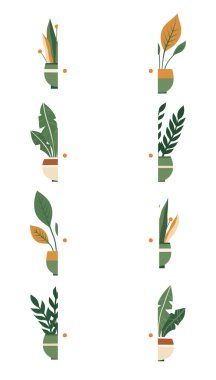 Yarıları birleştir. Bir saksının içindeki bitkinin çiziminin doğru yarısını bul. Çocukça eğitim oyununun vektör dikey şablonu.