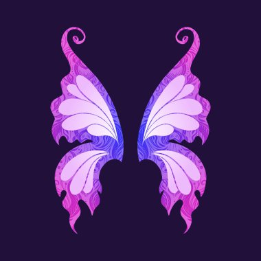 Neon kelebek kanatlarının vektör kartı. Karanlık bir arka planda elf kanatları var. Peri masalı gradyan kartı